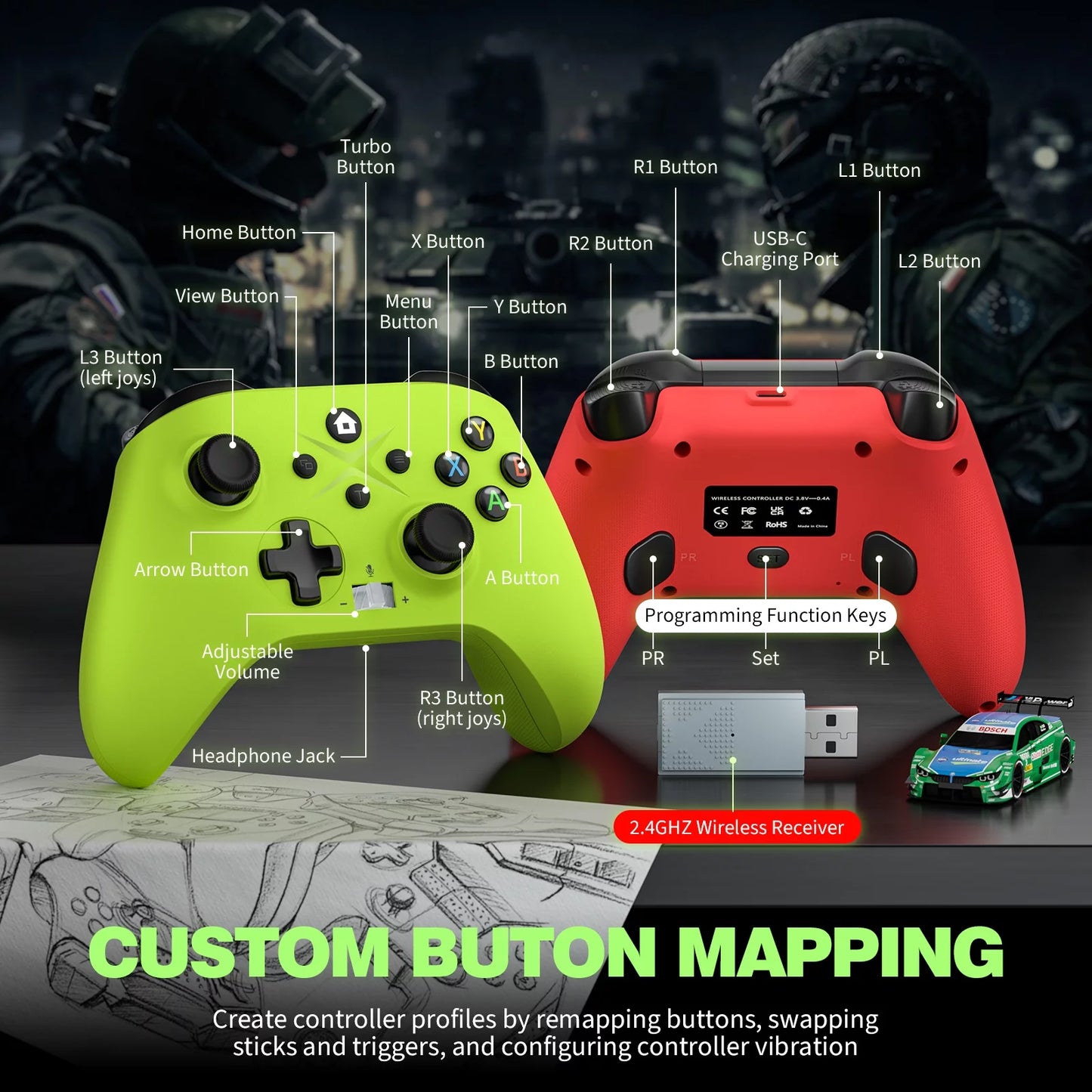 & 10/11 Controller Button/Turbo/Macro/Motion Control Green+Red PC Rechargeable for X/S, Battery X/S, One Xbox Volume Xbox Series & Xbox Pack - 2 Windows with Wireless Gamepad Audio Jack One, Xbox